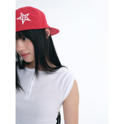Embroidered Logo Ruched Henley T-Shirt