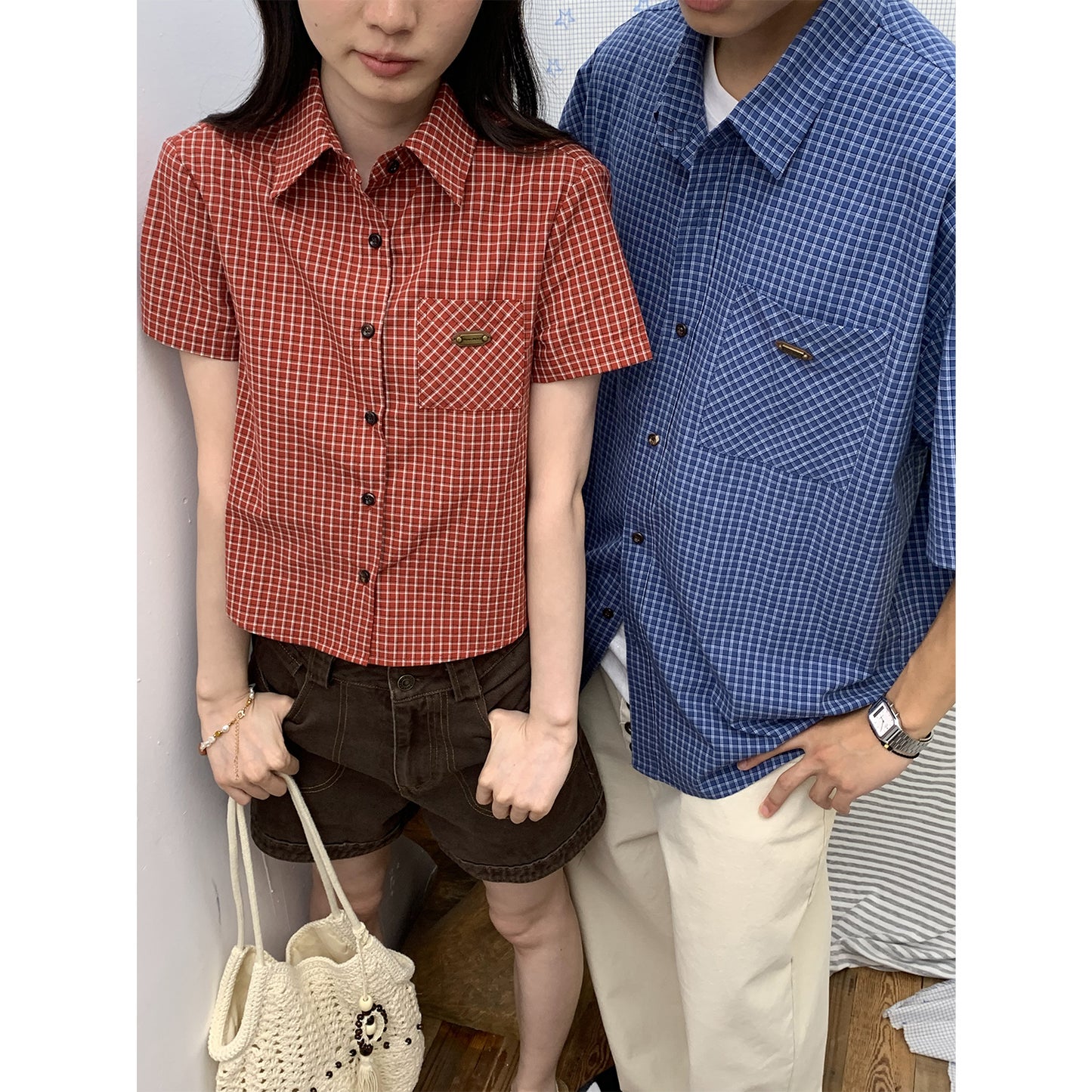 NewJNXS Vintage Plaid Drop Shoulder Couple Shirt