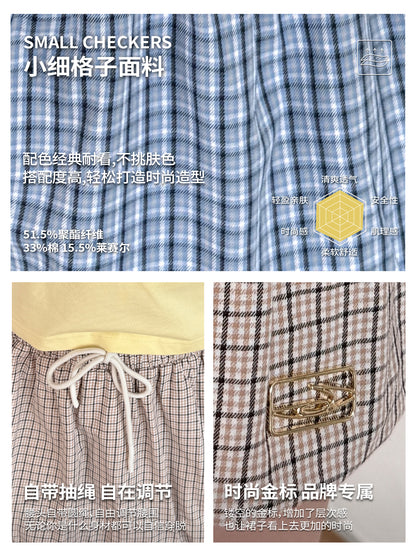 NewJNXS Contrast Double-Waist Plaid Mini Skirt