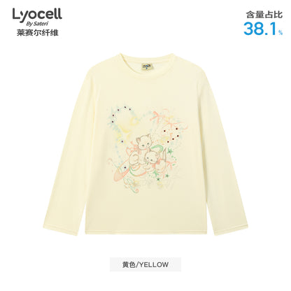 NewJNXS Lyocell Cat Print Bow Blouse