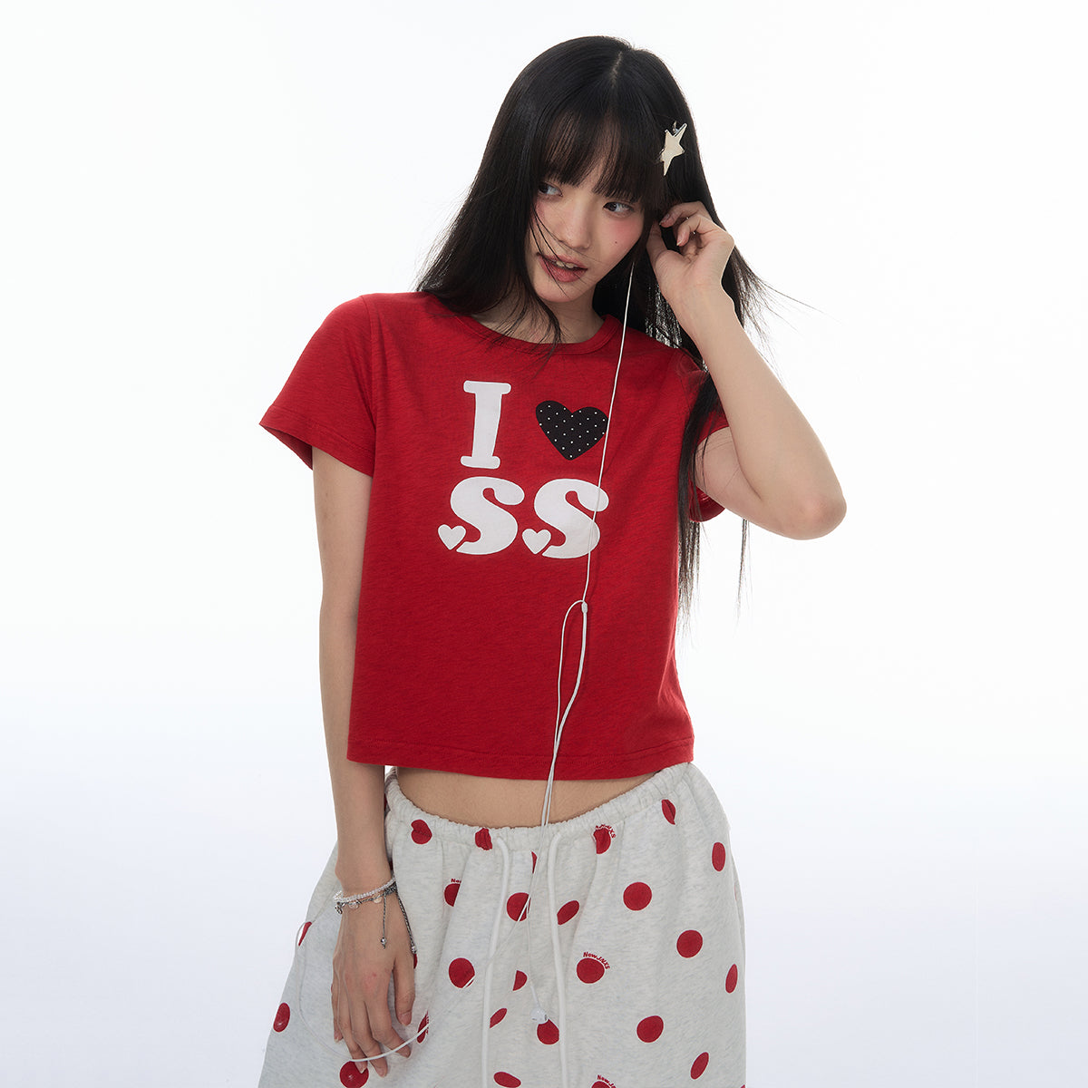 NewJNXS Rhinestone Heart Cropped T-Shirt