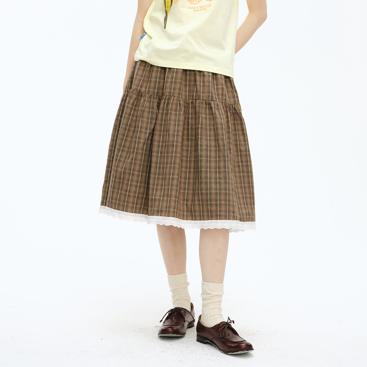 NewJNXS Salted Caramel Plaid Lace Skirt