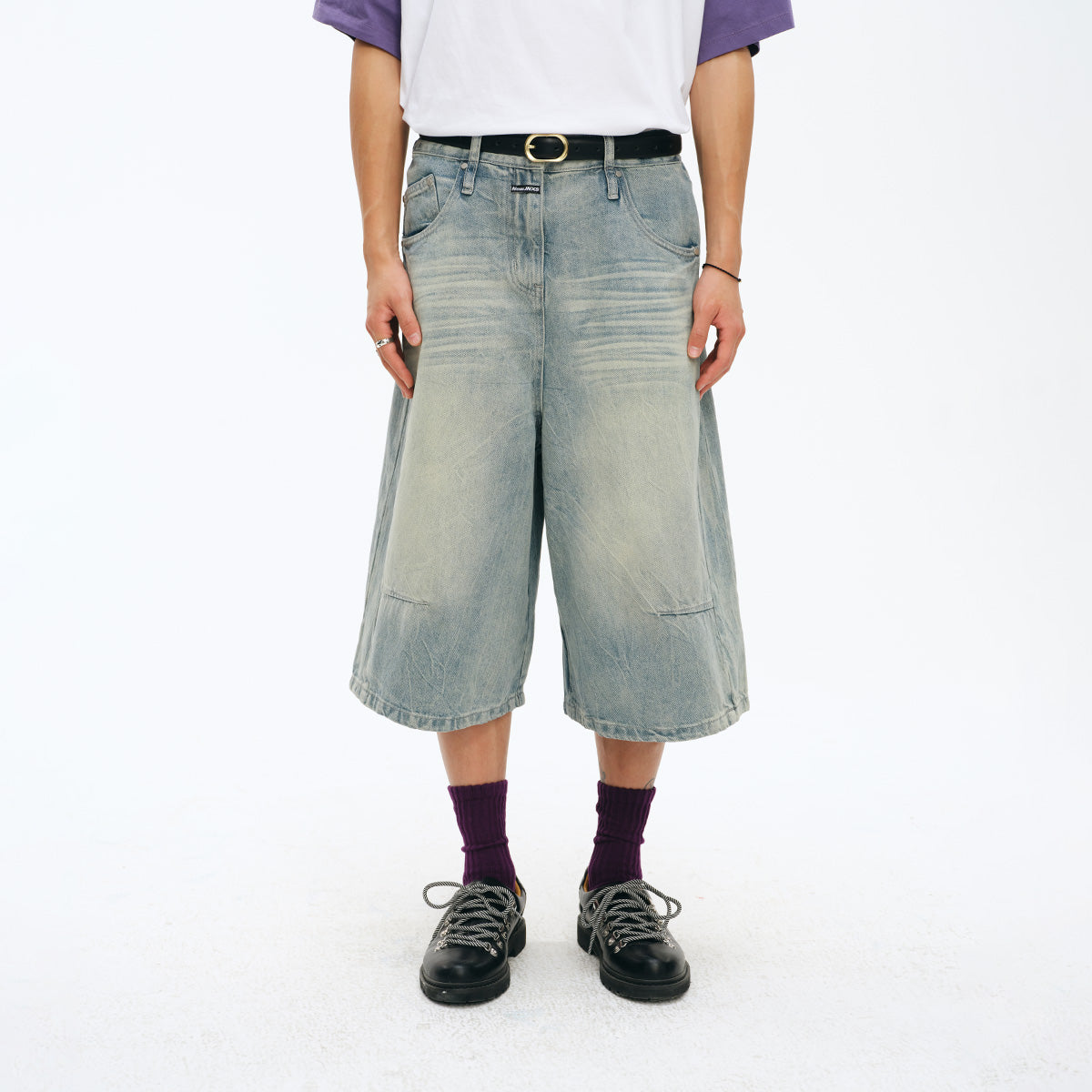 NewJNXS Vintage Wash Wide-Leg Denim Longline Shorts
