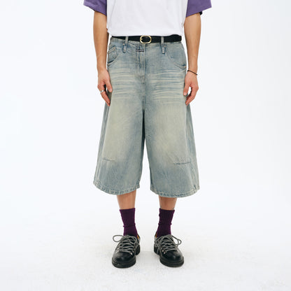 NewJNXS Vintage Wash Wide-Leg Denim Longline Shorts