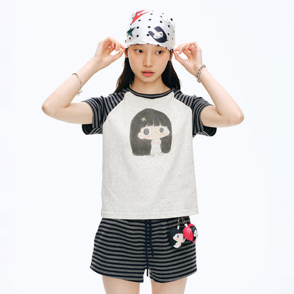 【NewJNXS x Kuku】 Girl Graphic Striped Patch Cropped Slim T-Shirt
