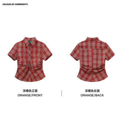 NewJNXS Vintage Plaid Pleated Slim Shirt