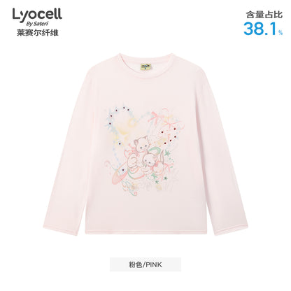 NewJNXS Lyocell Cat Print Bow Blouse