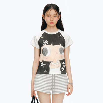 【NewJNXS x Kuku】 Cooling Stretch Knit Raglan Cropped Slim Tee