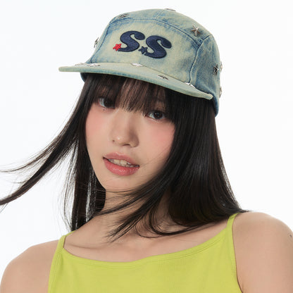 NewJNXS SS Washed Denim Star Studded Embroidered Flat Brim Cap